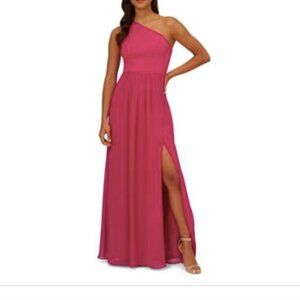 One-Shoulder Chiffon Long Gown in Bright Magenta
